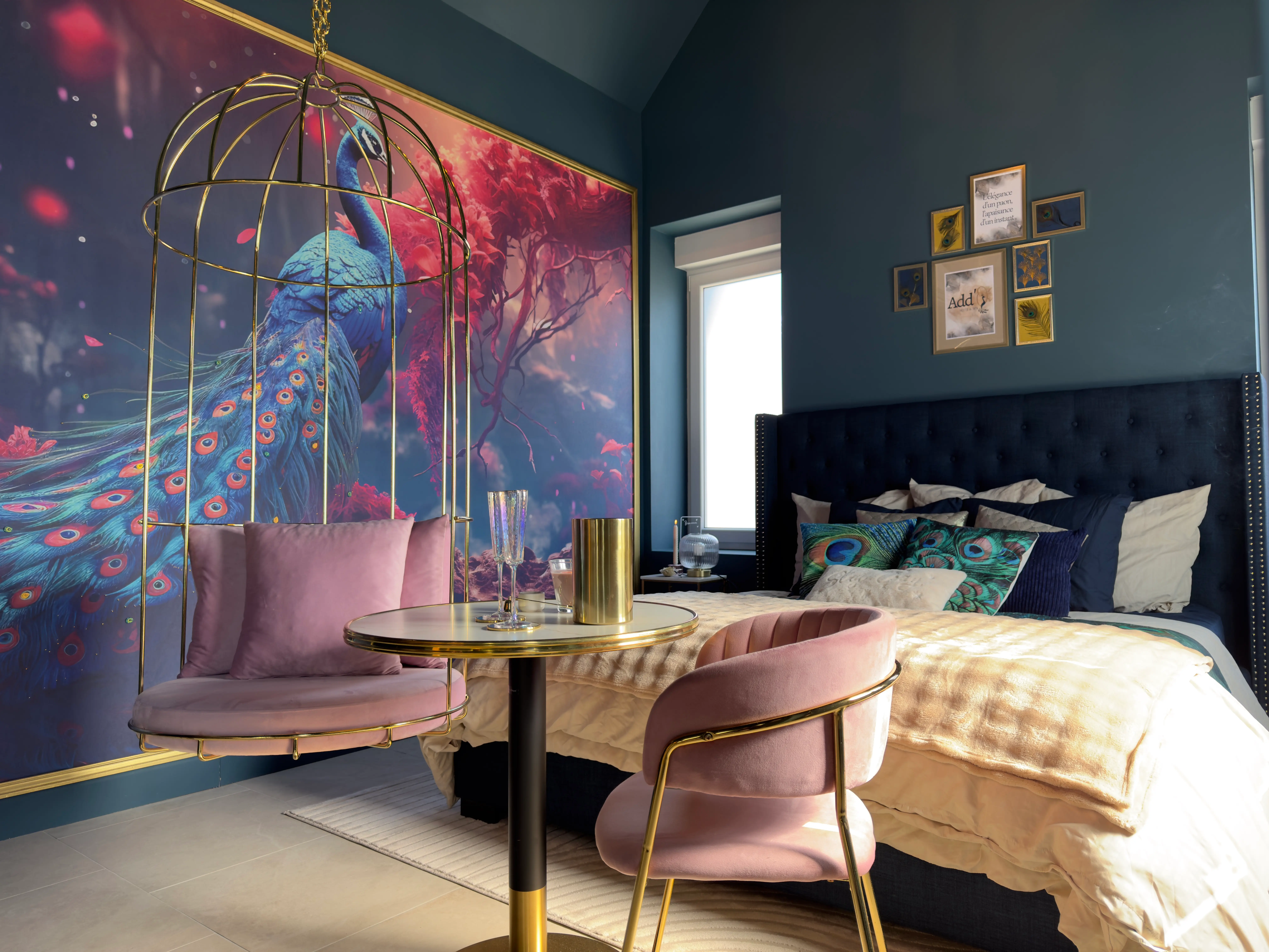 Vue sur le lit hyper confortable et l'écran cinéma